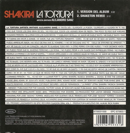 Shakira Artista Invitado Alejandro Sanz : La Tortura (CD, Single)