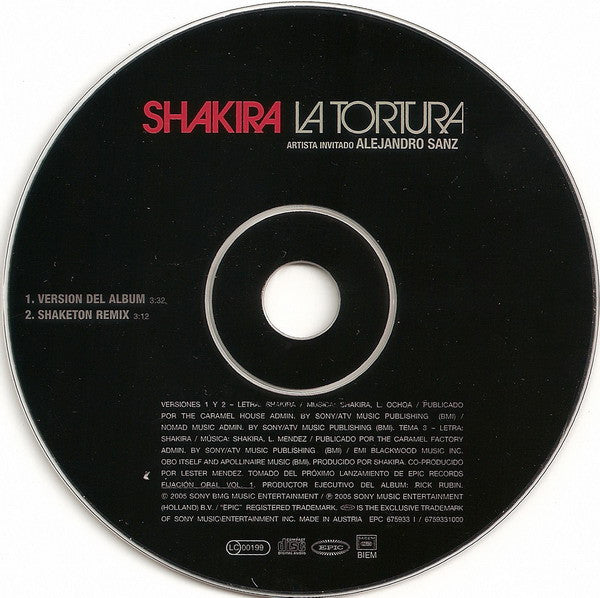 Shakira Artista Invitado Alejandro Sanz : La Tortura (CD, Single)
