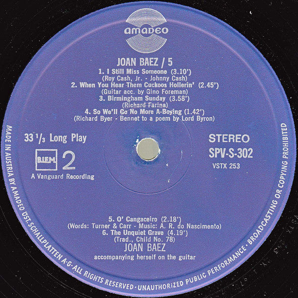 Joan Baez : 5 (LP, Album, Blu)