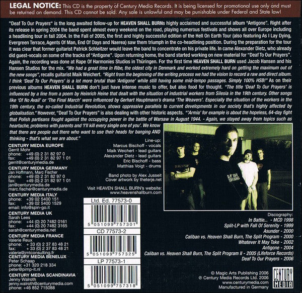 Heaven Shall Burn : Deaf To Our Prayers (CD, Album, Promo)
