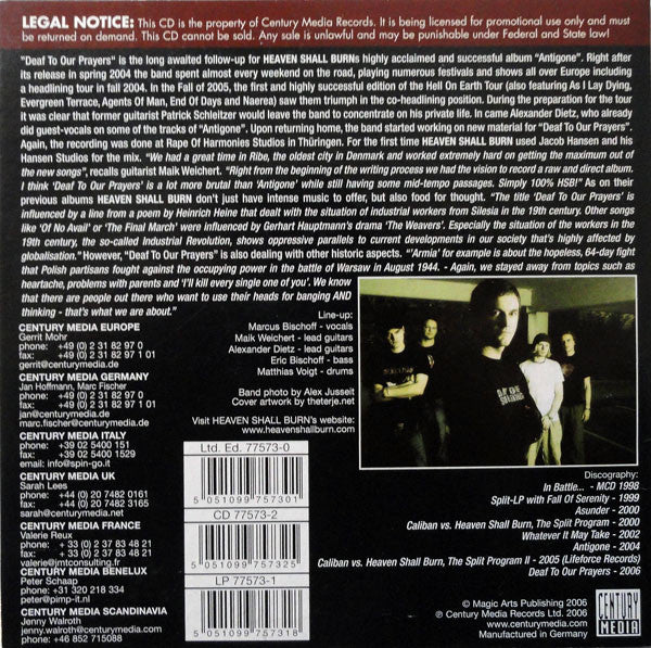 Heaven Shall Burn : Deaf To Our Prayers (CD, Album, Promo)