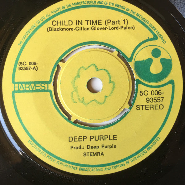 Deep Purple : Child In Time (7", Single, Yel)