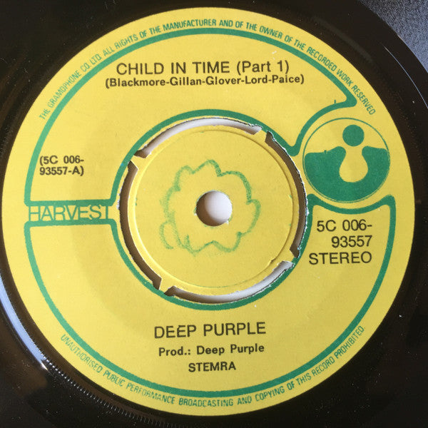 Deep Purple : Child In Time (7", Single, Yel)