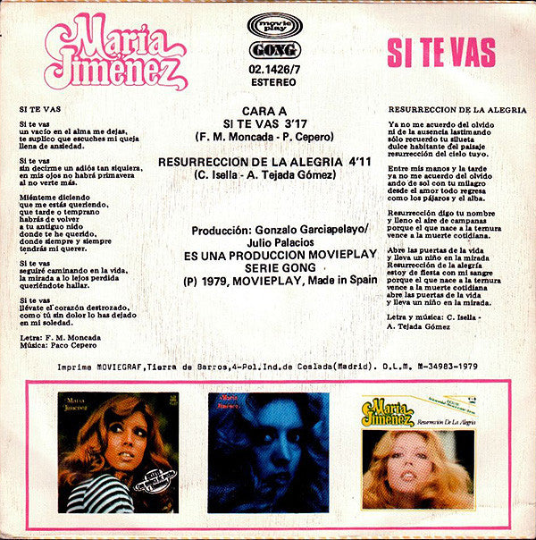 María Jiménez : Si Te Vas (7", Single)