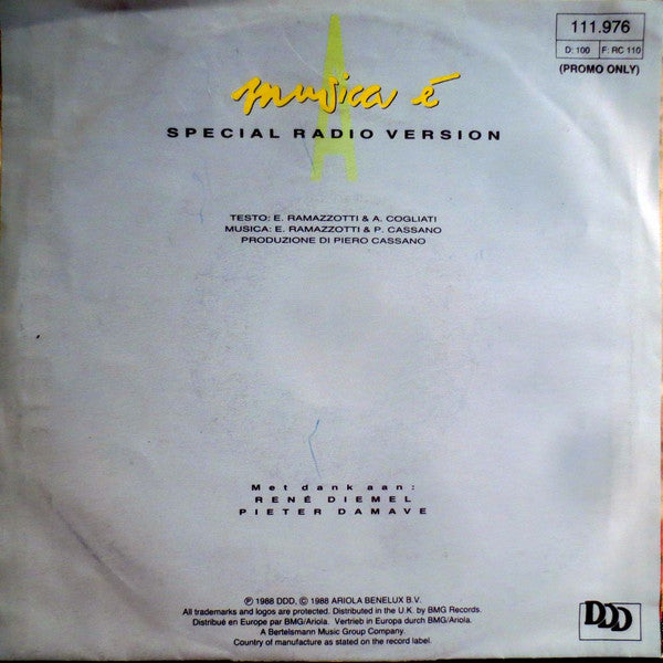 Eros Ramazzotti : Musica È (7", Single, Promo)