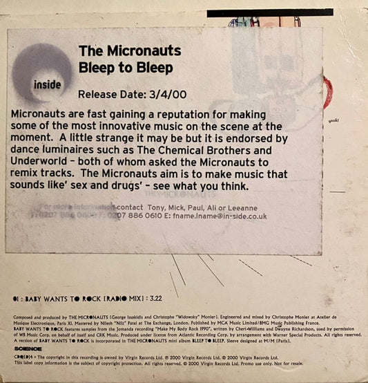 The Micronauts : Baby Wants To Rock (CD, Single, Promo)