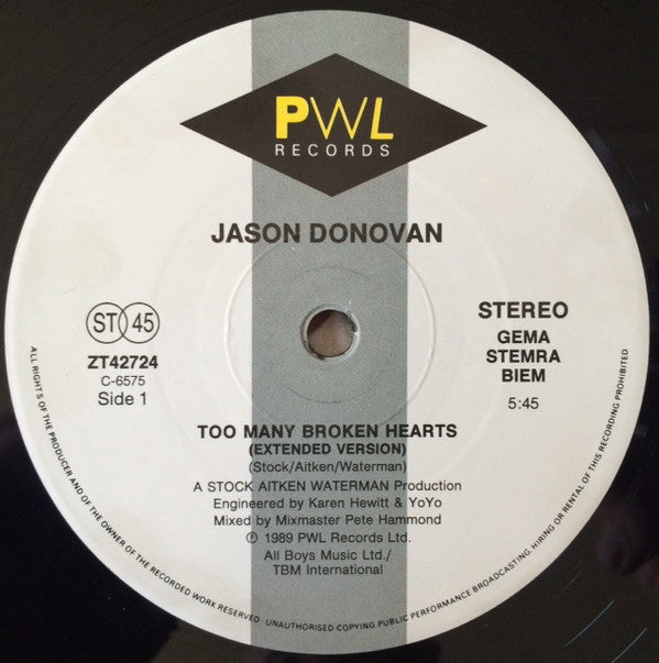 Jason Donovan : Too Many Broken Hearts (12")