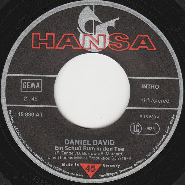 Daniel David (2) : Ein Schuß Rum In Den Tee (7", Single)