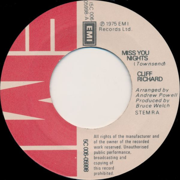 Cliff Richard : Miss You Nights (7", Single)