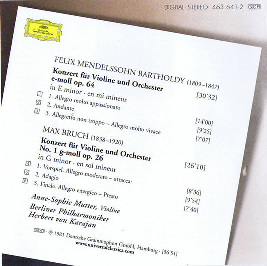 Felix Mendelssohn-Bartholdy · Max Bruch - Anne-Sophie Mutter, Berliner Philharmoniker · Herbert von Karajan : Violinkonzerte = Violin Concertos (CD, Album, RE, RM)