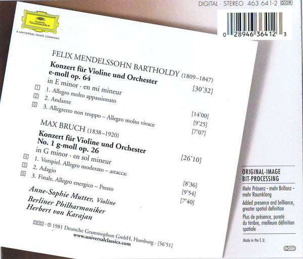 Felix Mendelssohn-Bartholdy · Max Bruch - Anne-Sophie Mutter, Berliner Philharmoniker · Herbert von Karajan : Violinkonzerte = Violin Concertos (CD, Album, RE, RM)