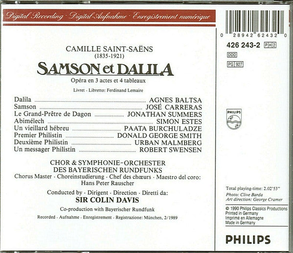 Saint-Saëns* - José Carreras · Agnes Baltsa · Jonathan Summers · Simon Estes · Paata Burchuladze · Symphonie-Orchester* & Chor Des Bayerischen Rundfunks · Sir Colin Davis : Samson et Dalila (2xCD, Album + Box, Sli)