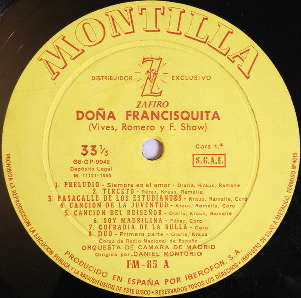 Amadeo Vives, Federico Romero y Guillermo Fernández-Shaw : Doña Francisquita  (LP, Album, Mono)