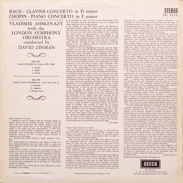 Johann Sebastian Bach, Frédéric Chopin, Vladimir Ashkenazy, David Zinman, London Symphony Orchestra : Concerto In D Minor / Piano Concerto No. 2 In F Minor (LP, Album)