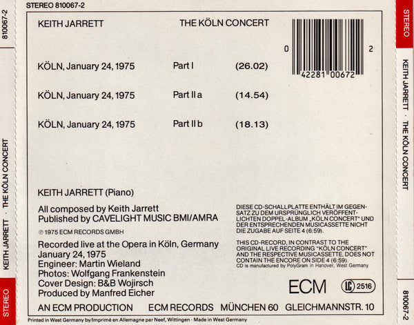Keith Jarrett : The Köln Concert (CD, Album, RE)
