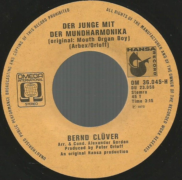Bernd Clüver : Der Junge Mit Der Mundharmonika (7", Single)