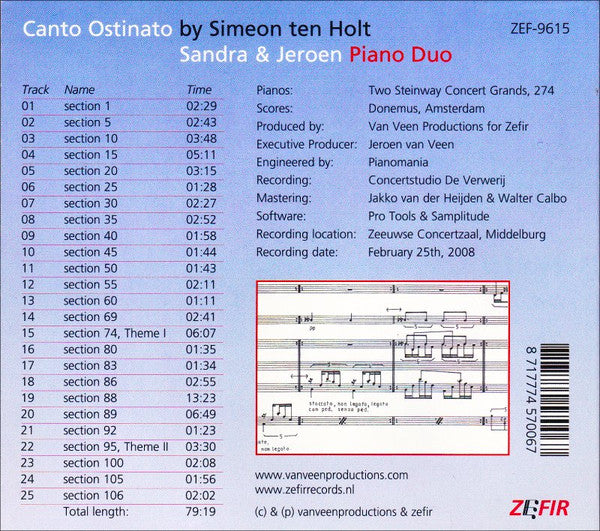 Simeon Ten Holt - Piano Duo Sandra & Jeroen Van Veen : Canto Ostinato (CD, Album, Dig)