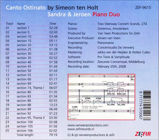 Simeon Ten Holt - Piano Duo Sandra & Jeroen Van Veen : Canto Ostinato (CD, Album, Dig)