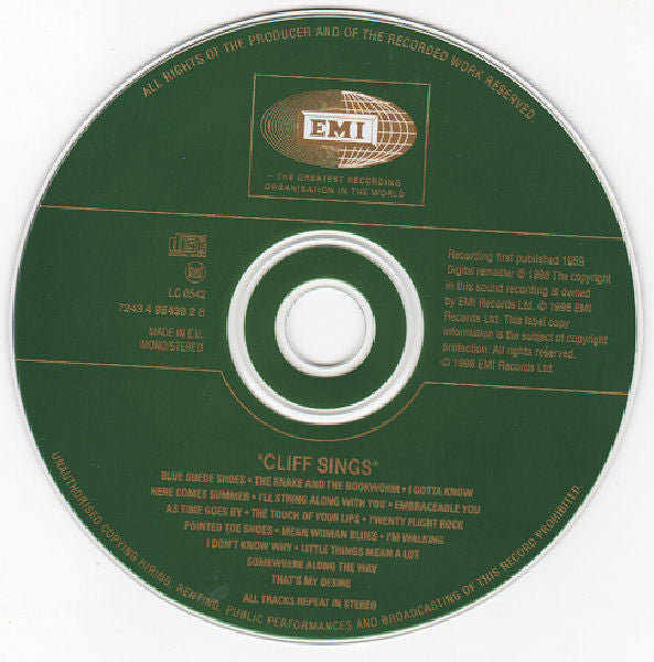 Cliff Richard & The Shadows And The Norrie Paramor Strings : Cliff Sings (CD, Album, Mono, RE, Gre)
