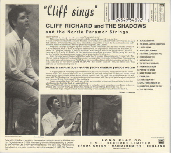 Cliff Richard & The Shadows And The Norrie Paramor Strings : Cliff Sings (CD, Album, Mono, RE, Gre)