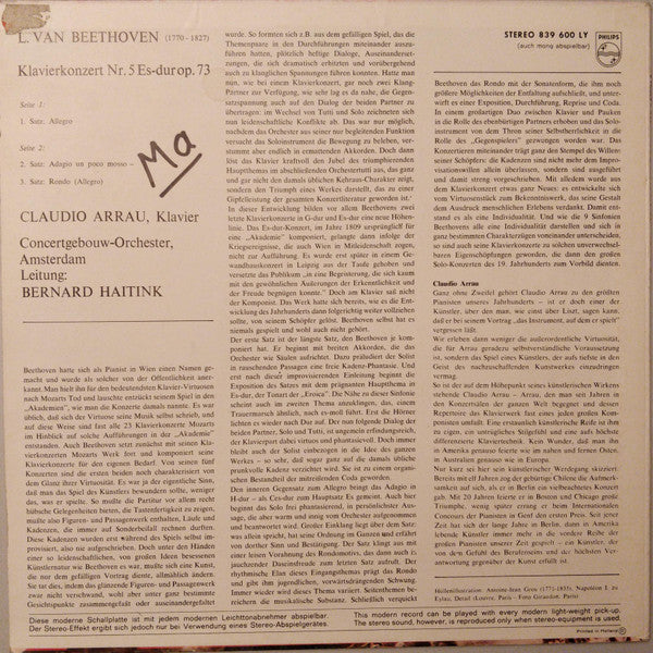 Claudio Arrau, Concertgebouworkest, Bernard Haitink - Ludwig van Beethoven : Klavierkonzert Nr. 5 (LP)