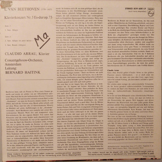 Claudio Arrau, Concertgebouworkest, Bernard Haitink - Ludwig van Beethoven : Klavierkonzert Nr. 5 (LP)