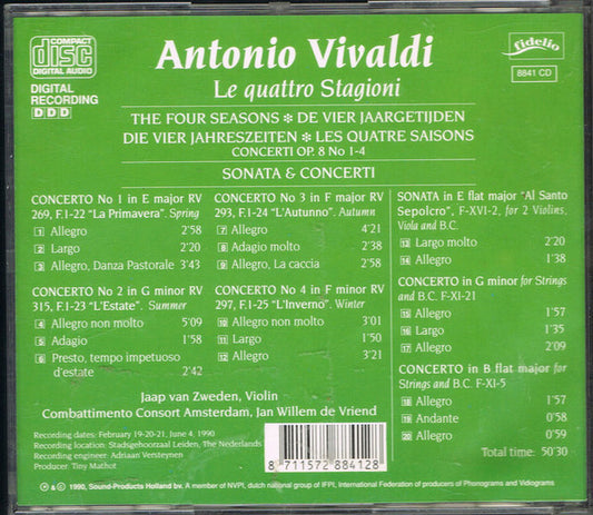 Antonio Vivaldi - Jaap van Zweden & Jan Willem de Vriend En Combattimento Consort Amsterdam : De Vier Jaargetijden (CD)