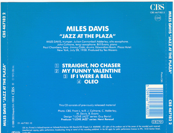 Miles Davis : Jazz At The Plaza (CD, Album, RE)