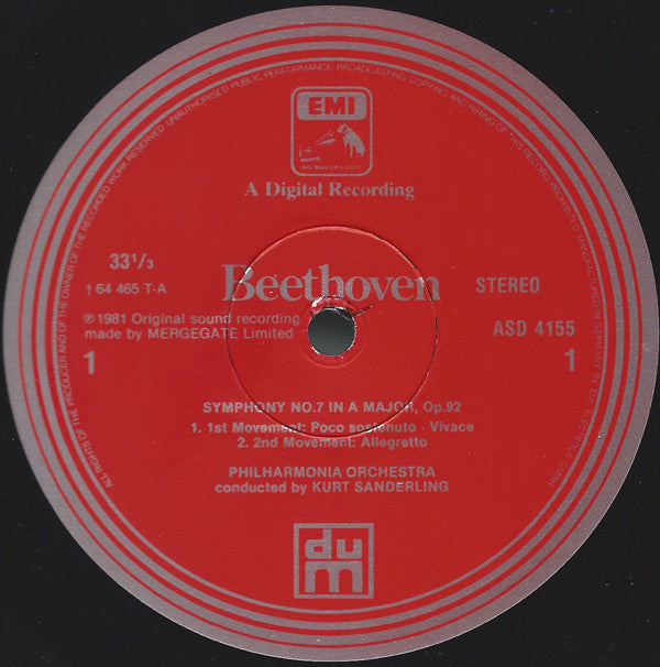 Ludwig Van Beethoven - Philharmonia Orchestra Conducted By Kurt Sanderling : Symphony No.7 (LP)