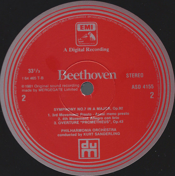 Ludwig Van Beethoven - Philharmonia Orchestra Conducted By Kurt Sanderling : Symphony No.7 (LP)