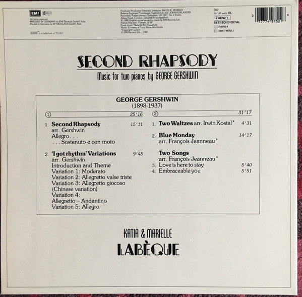 George Gershwin, Katia Et Marielle Labèque : Second Rhapsody  Music For Two Pianos (LP)