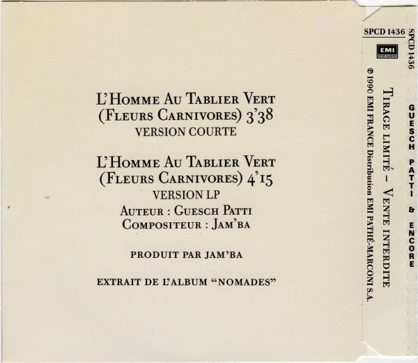 Guesch Patti & Encore : Fleurs Carnivores (L'Homme Au Tablier Vert) (CD, Maxi, Ltd, Promo)