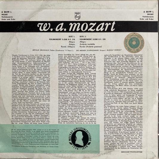 Wolfgang Amadeus Mozart — Arthur Grumiaux, Rudolf Moralt, Wiener Symphoniker : Two Concertos For Violin And Orchestra - G Major K.V. 216, D Major K.V. 218 (LP, Mono)
