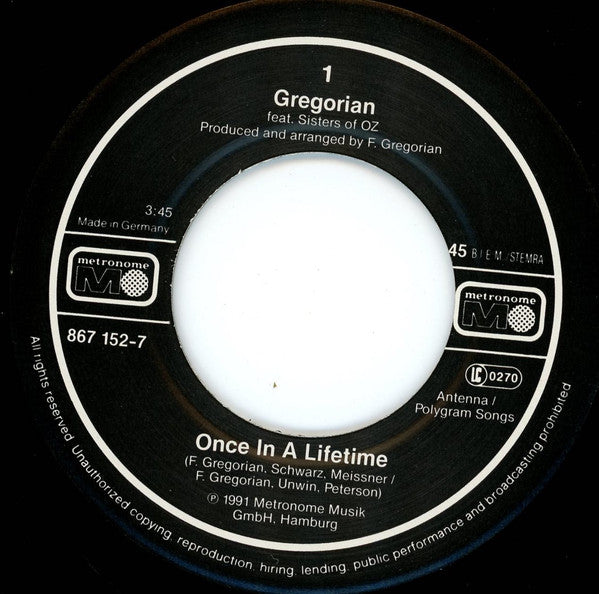 Gregorian (3) Feat. Sisters Of Oz : Once In A Lifetime (7", Single)
