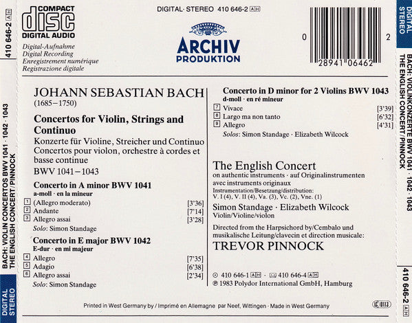Johann Sebastian Bach - Simon Standage, Elizabeth Wilcock, The English Concert, Trevor Pinnock : Violinkonzerte = Concertos Pour Violon BWV 1041 - 1042 - 1043 (CD, Album)