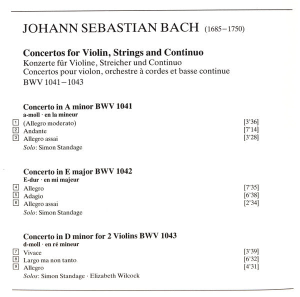 Johann Sebastian Bach - Simon Standage, Elizabeth Wilcock, The English Concert, Trevor Pinnock : Violinkonzerte = Concertos Pour Violon BWV 1041 - 1042 - 1043 (CD, Album)