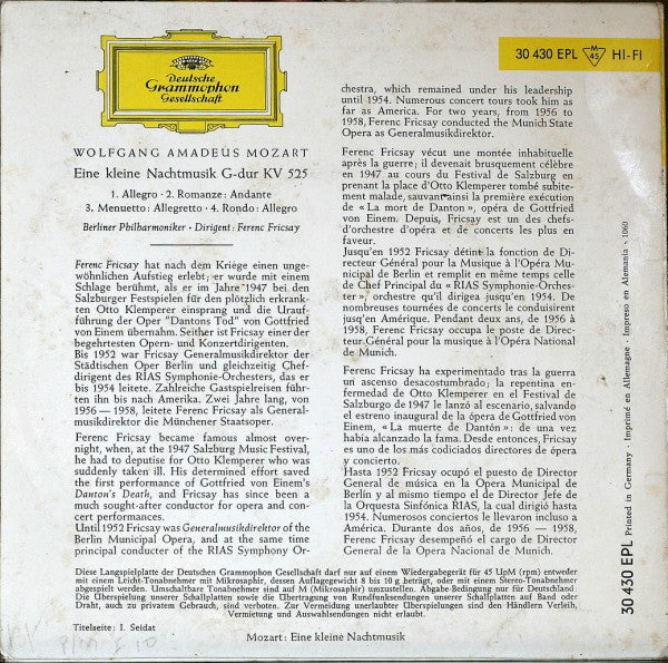 Wolfgang Amadeus Mozart, Berliner Philharmoniker, Ferenc Fricsay : Eine Kleine Nachtmusik G-Dur KV 525 (7", EP, Mono, 106)