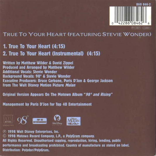 98 Degrees And Stevie Wonder : True To Your Heart (CD, Single, Car)