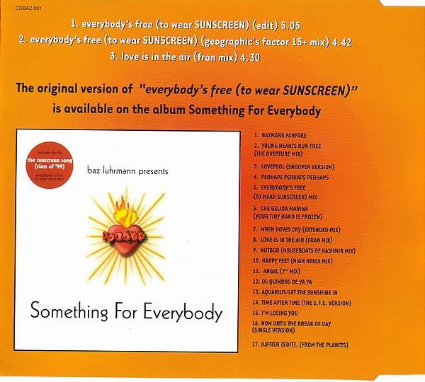 Baz Luhrmann : Everybody's Free (To Wear Sunscreen) The Sunscreen Song (Class Of '99) (CD, Single)