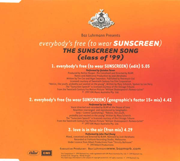 Baz Luhrmann : Everybody's Free (To Wear Sunscreen) The Sunscreen Song (Class Of '99) (CD, Single)