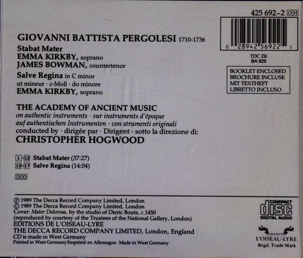 Giovanni Battista Pergolesi - Emma Kirkby · James Bowman (2), The Academy Of Ancient Music, Christopher Hogwood : Stabat Mater · Salve Regina (CD, Album)