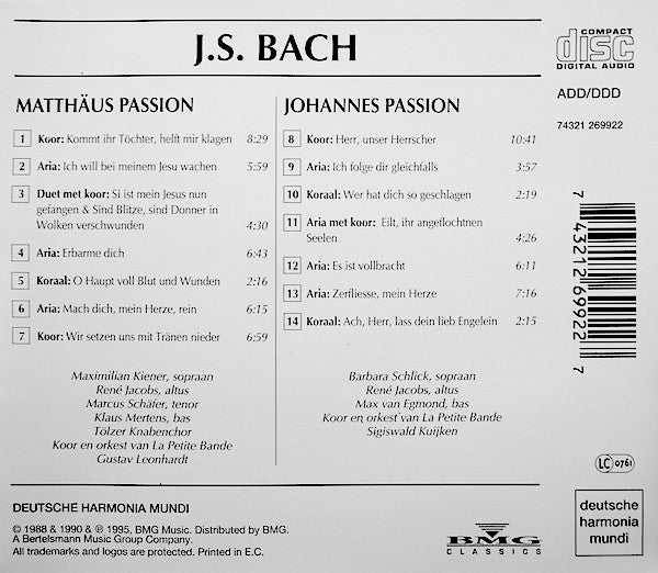 Johann Sebastian Bach, Gustav Leonhardt, La Petite Bande, Sigiswald Kuijken : Hoogtepunten Uit Matthäus Passion En Johannes Passion (CD, Smplr)