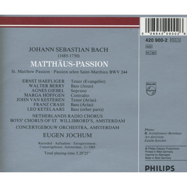 Bach* / Haefliger* •  Berry* •  Giebel* •  Höffgen* •  Van Kesteren* •  Crass* •  Ketelaars* •  Netherlands Radio Chorus* •  Concertgebouw Orchestra, Amsterdam* •  Eugen Jochum : Matthäus-Passion (3xCD, Album, RE + Box, Sli)