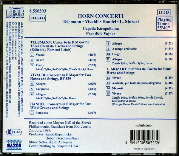 Georg Philipp Telemann • Antonio Vivaldi • Georg Friedrich Händel • Leopold Mozart, Zdeněk Tylšar • Bedřich Tylšar, Zdeněk Divoký • Jindřich Petráš, Capella Istropolitana, František Vajnar : Horn Concerti (CD, Album)