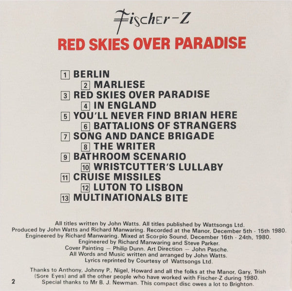 Fischer-Z : Red Skies Over Paradise (CD, Album)