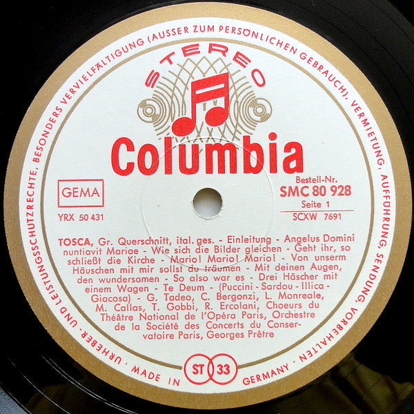 Giacomo Puccini, Maria Callas · Carlo Bergonzi, Renato Ercolani · Tito Gobbi, Leonardo Monreale, Giorgio Tadeo · David Sellar · Ugo Trama, Choeur National De L'Opéra De Paris, Orchestre De La Société Des Concerts Du Conservatoire, Georges Prêtre : Tosca (Grosser Querschnitt) (LP)