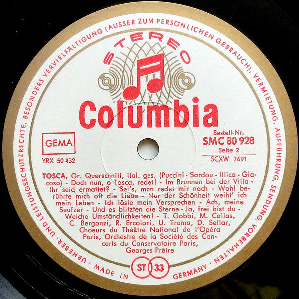 Giacomo Puccini, Maria Callas · Carlo Bergonzi, Renato Ercolani · Tito Gobbi, Leonardo Monreale, Giorgio Tadeo · David Sellar · Ugo Trama, Choeur National De L'Opéra De Paris, Orchestre De La Société Des Concerts Du Conservatoire, Georges Prêtre : Tosca (Grosser Querschnitt) (LP)