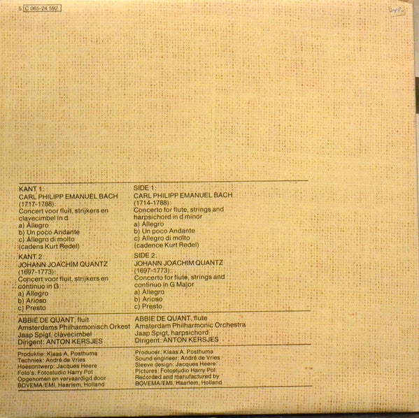 Carl Philipp Emanuel Bach / Johann Joachim Quantz - Abbie De Quant • Amsterdams Philharmonisch Orkest • Anton Kersjes : Concert Voor Fluit, Strijkers En Clavecimbel In d / Concert Voor Fluit, Strijkers En Continuo In G (LP, Gat)