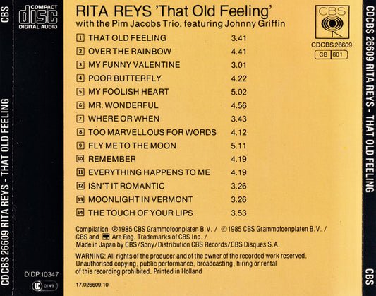 Rita Reys With The Pim Jacobs Trio Featuring Johnny Griffin : That Old Feeling (CD, Album)