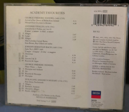 Johann Sebastian Bach ● Antonio Vivaldi ● Georg Friedrich Händel ● Wolfgang Amadeus Mozart - The Academy Of St. Martin-in-the-Fields, Sir Neville Marriner : Serenata Academy Favourites (CD, Album, Comp, RM)
